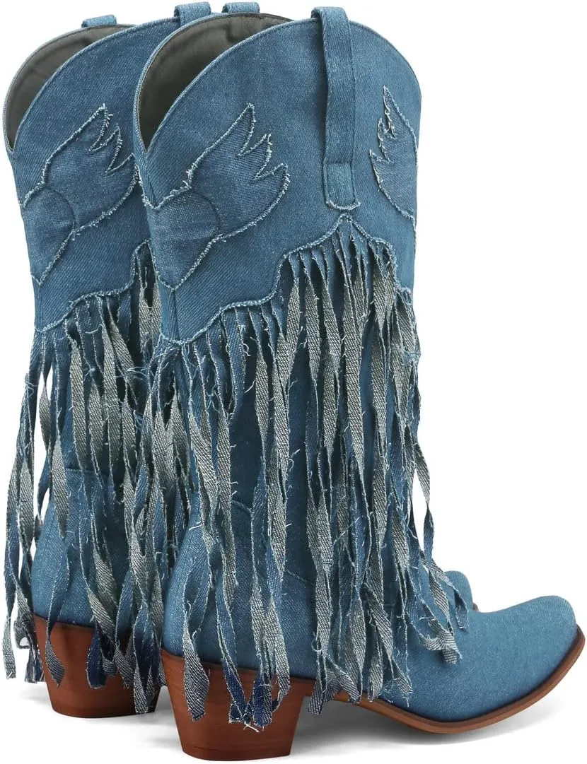KISSASA Fringe Denim Cowgirl Boots Pointed Toe Mid Claf Cowboy Boots Chunky Stacked Heel Western Boots