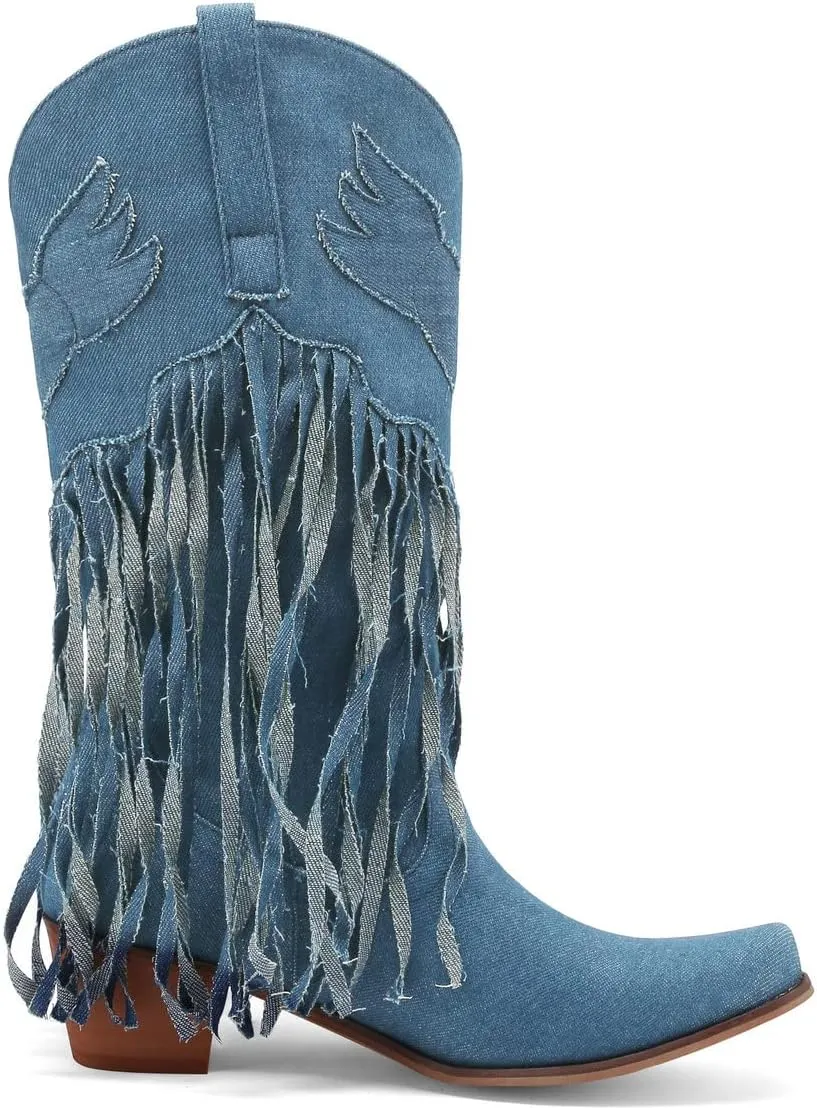 KISSASA Fringe Denim Cowgirl Boots Pointed Toe Mid Claf Cowboy Boots Chunky Stacked Heel Western Boots