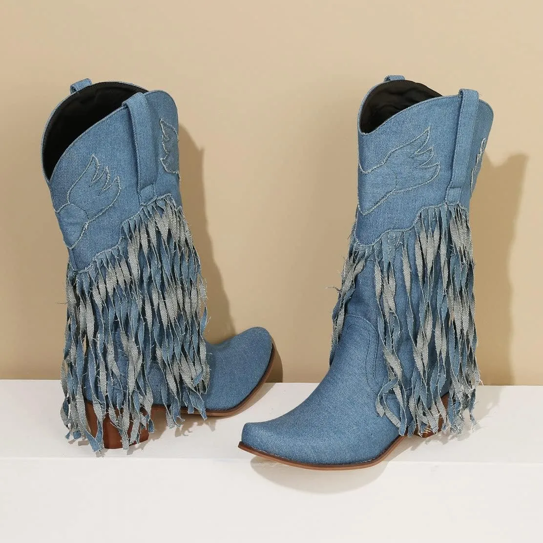 KISSASA Fringe Denim Cowgirl Boots Pointed Toe Mid Claf Cowboy Boots Chunky Stacked Heel Western Boots
