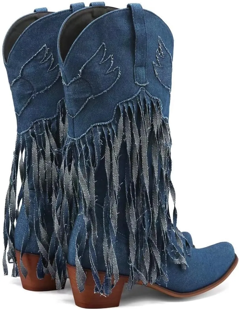 KISSASA Fringe Denim Cowgirl Boots Pointed Toe Mid Claf Cowboy Boots Chunky Stacked Heel Western Boots