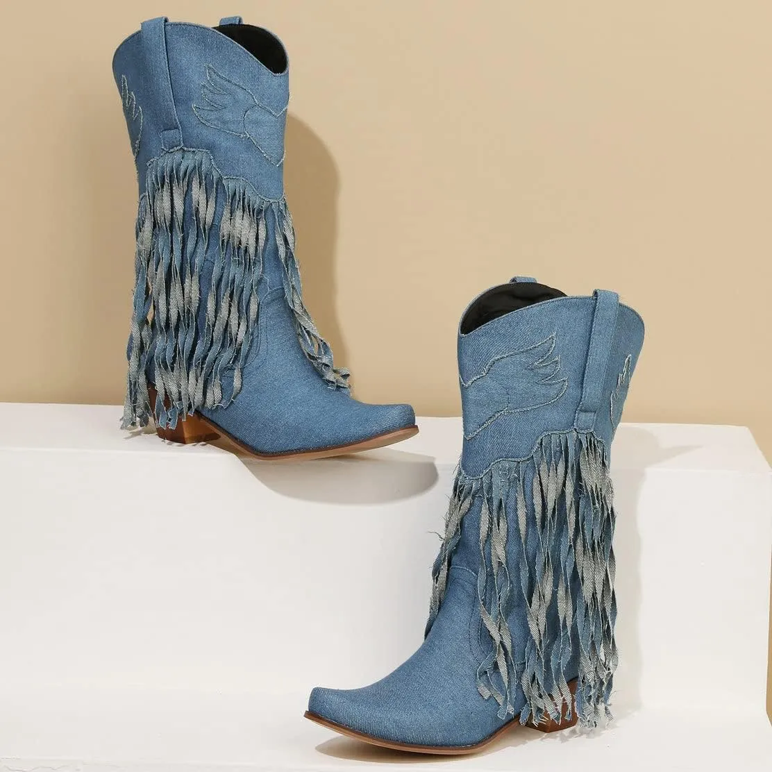 KISSASA Fringe Denim Cowgirl Boots Pointed Toe Mid Claf Cowboy Boots Chunky Stacked Heel Western Boots