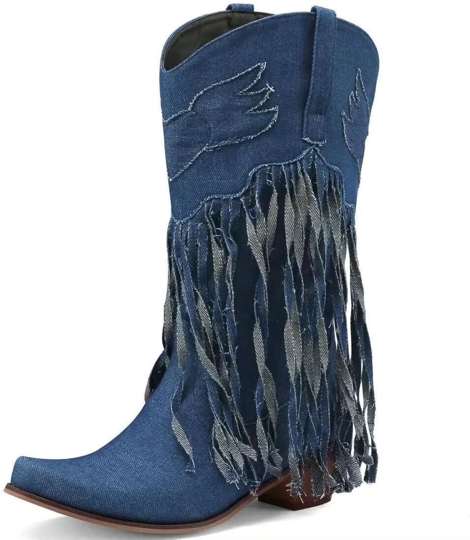 KISSASA Fringe Denim Cowgirl Boots Pointed Toe Mid Claf Cowboy Boots Chunky Stacked Heel Western Boots