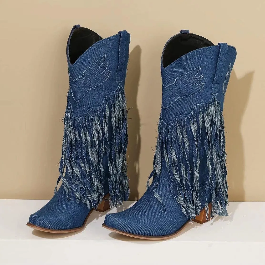 KISSASA Fringe Denim Cowgirl Boots Pointed Toe Mid Claf Cowboy Boots Chunky Stacked Heel Western Boots