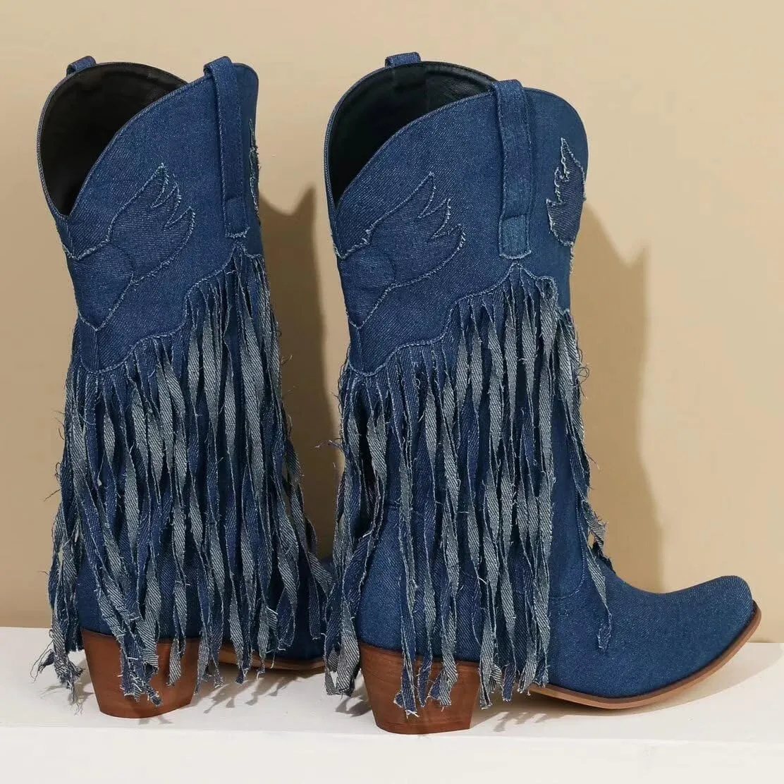KISSASA Fringe Denim Cowgirl Boots Pointed Toe Mid Claf Cowboy Boots Chunky Stacked Heel Western Boots