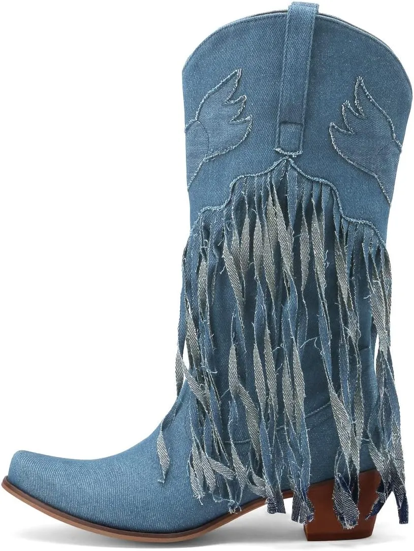 KISSASA Fringe Denim Cowgirl Boots Pointed Toe Mid Claf Cowboy Boots Chunky Stacked Heel Western Boots