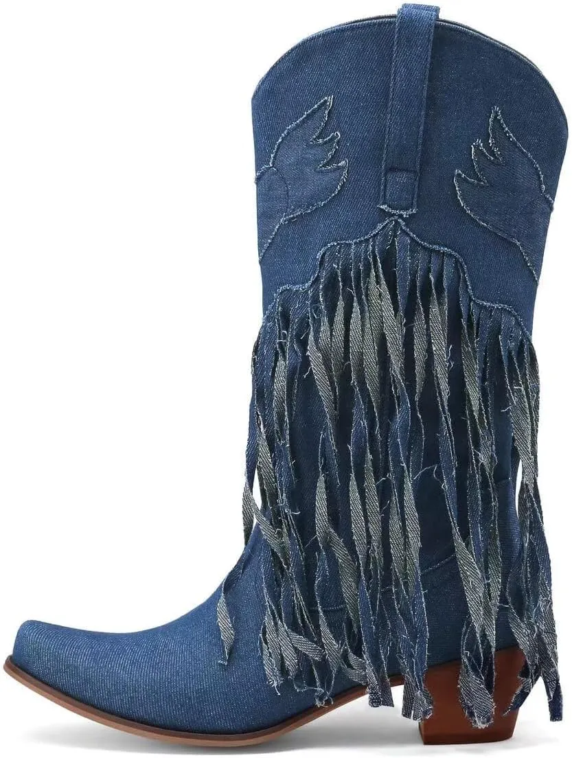 KISSASA Fringe Denim Cowgirl Boots Pointed Toe Mid Claf Cowboy Boots Chunky Stacked Heel Western Boots