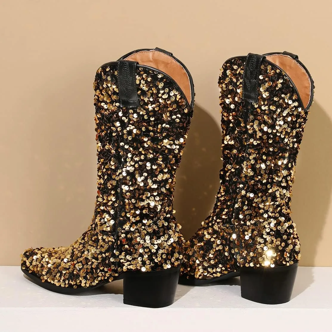 KISSASA Sequin Sparkly Mid Calf Cowboy Boots Glitter Wedding Chunky Heeled Cowgirl Boots