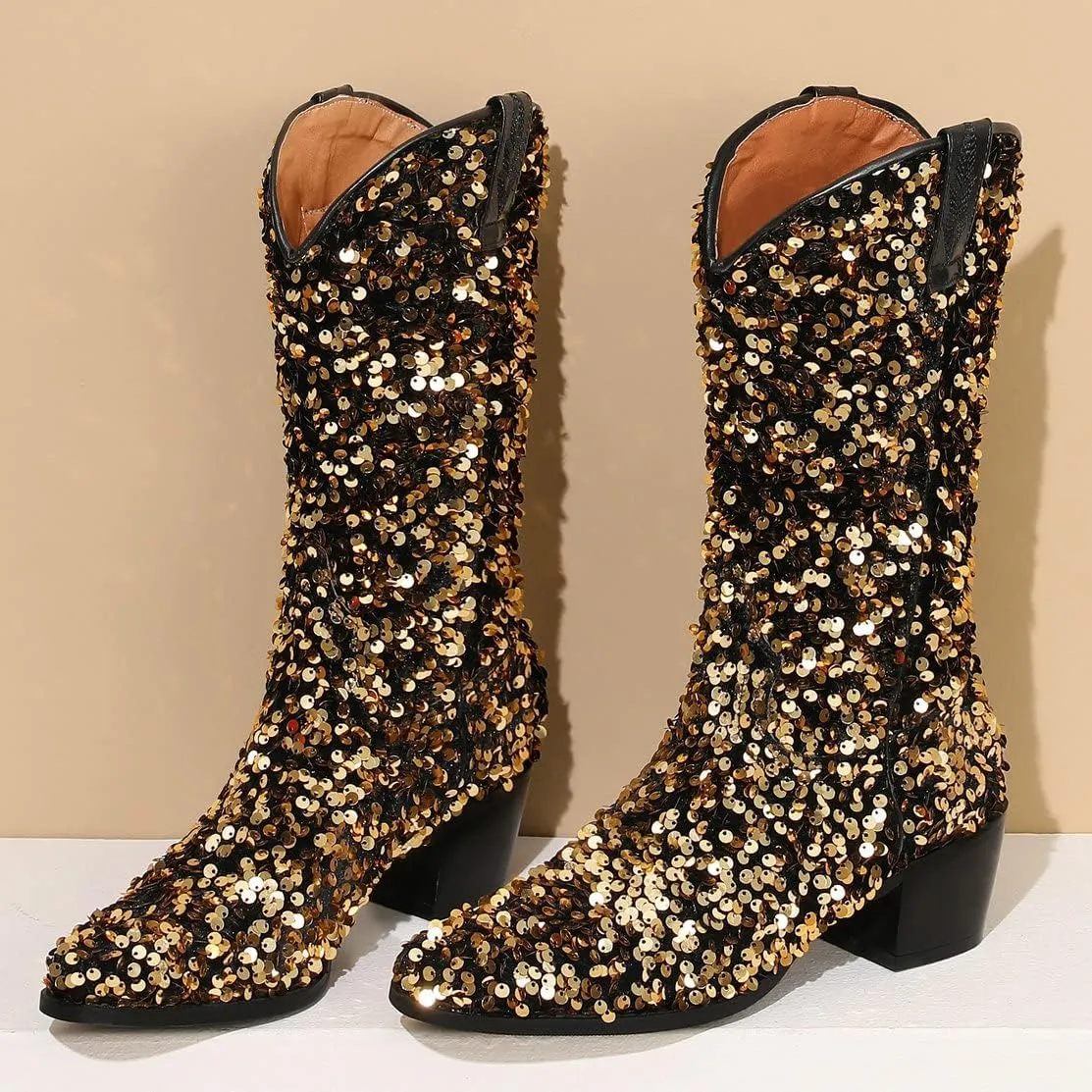 KISSASA Sequin Sparkly Mid Calf Cowboy Boots Glitter Wedding Chunky Heeled Cowgirl Boots