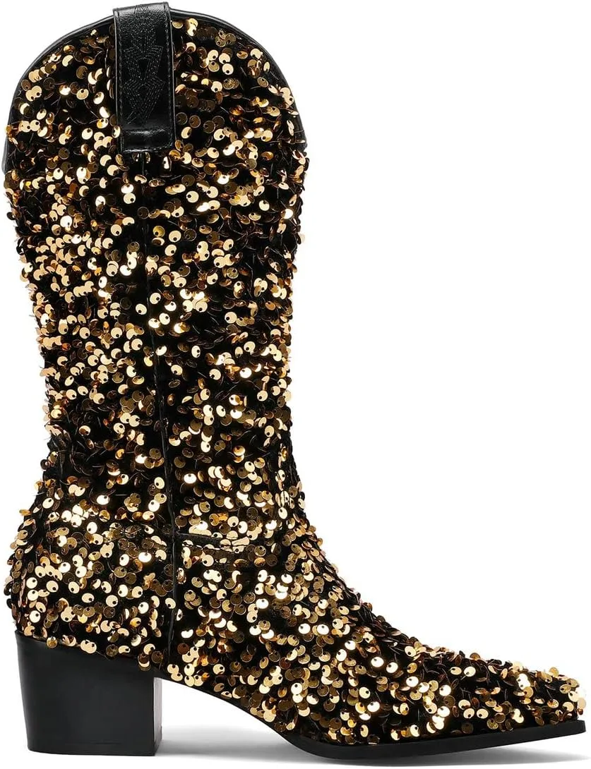 KISSASA Sequin Sparkly Mid Calf Cowboy Boots Glitter Wedding Chunky Heeled Cowgirl Boots