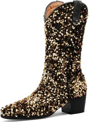 KISSASA Sequin Sparkly Mid Calf Cowboy Boots Glitter Wedding Chunky Heeled Cowgirl Boots