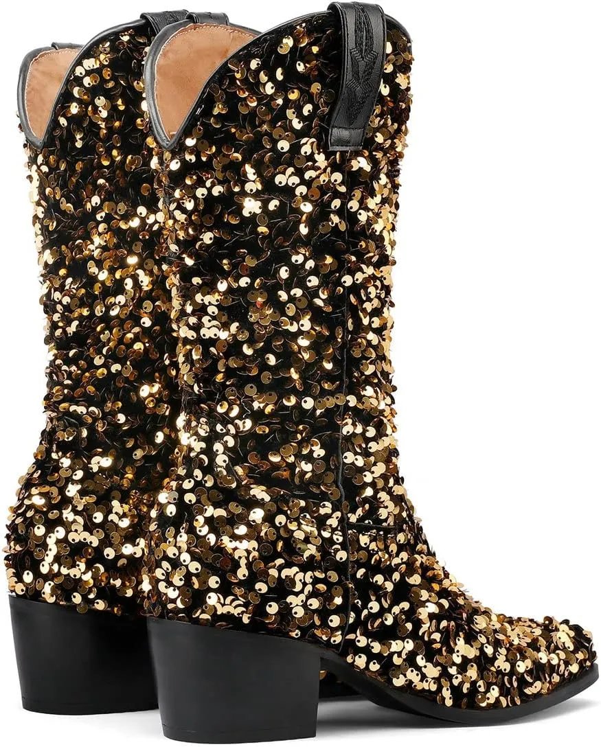 KISSASA Sequin Sparkly Mid Calf Cowboy Boots Glitter Wedding Chunky Heeled Cowgirl Boots
