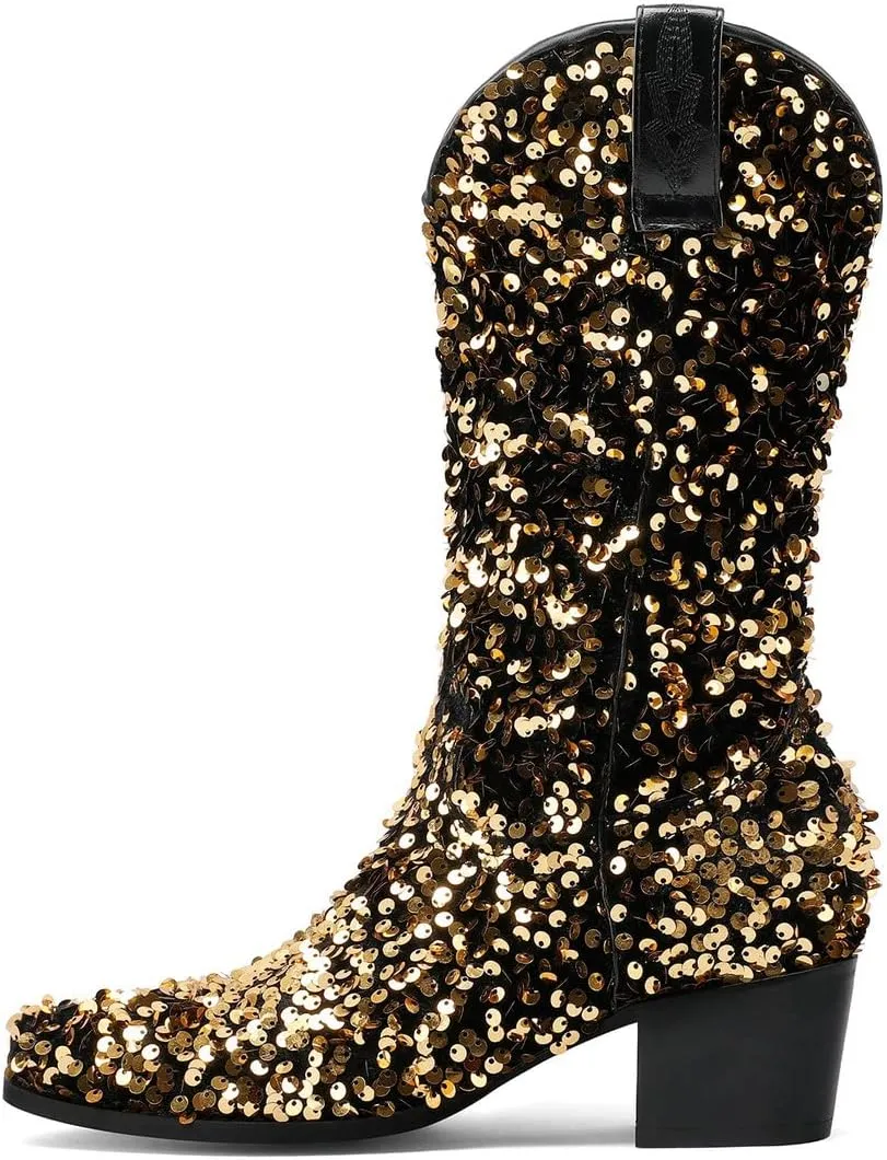 KISSASA Sequin Sparkly Mid Calf Cowboy Boots Glitter Wedding Chunky Heeled Cowgirl Boots