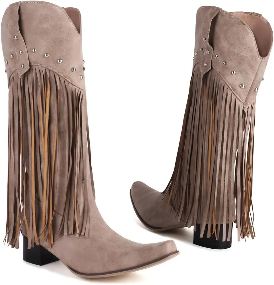 KiutSymo Mid Calf Fringe Boots For Women Cowboy Pointed Toe Chunky Heels Cowgirl Western Tassel Boots