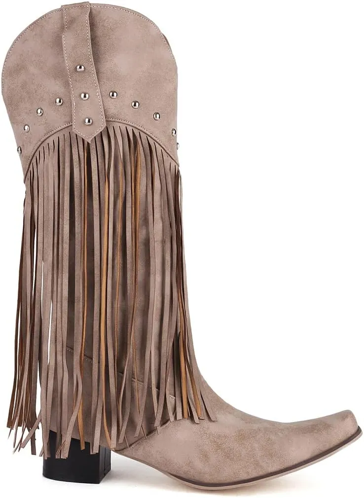 KiutSymo Mid Calf Fringe Boots For Women Cowboy Pointed Toe Chunky Heels Cowgirl Western Tassel Boots
