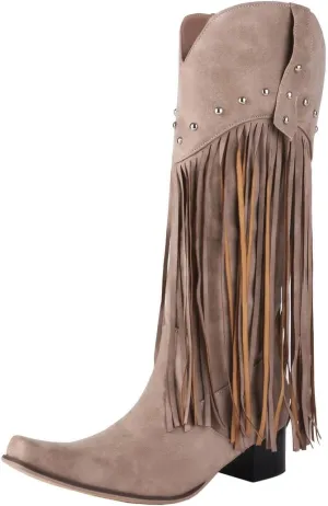 KiutSymo Mid Calf Fringe Boots For Women Cowboy Pointed Toe Chunky Heels Cowgirl Western Tassel Boots