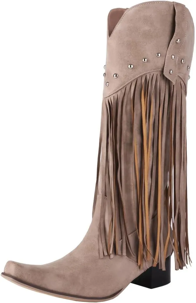 KiutSymo Mid Calf Fringe Boots For Women Cowboy Pointed Toe Chunky Heels Cowgirl Western Tassel Boots