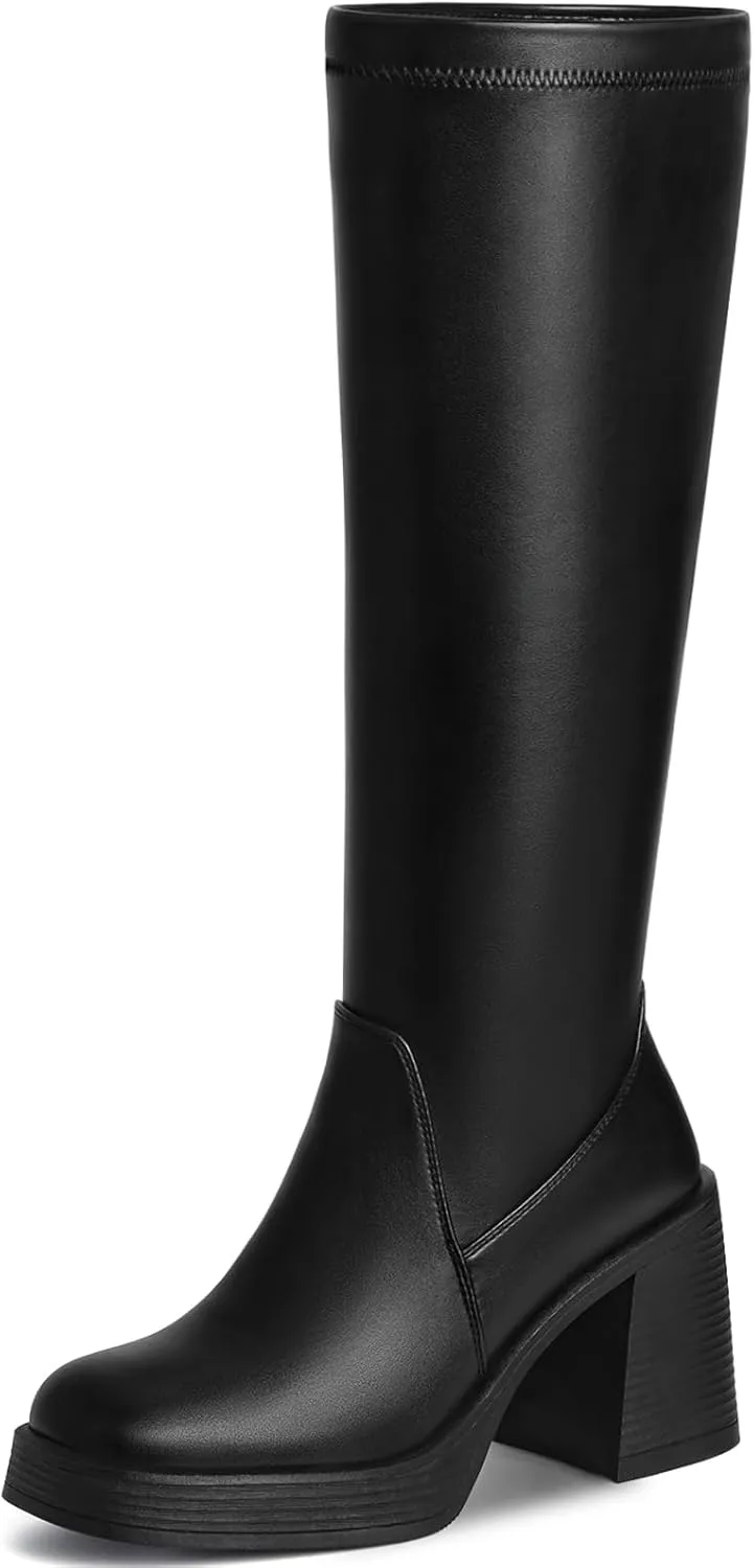 Knee High Boots for Women - Square Toe Platform Chunky Heel Tall Boots with Side Zipper, Stretchy Leather Fashion Gogo Boots for Fall Spring