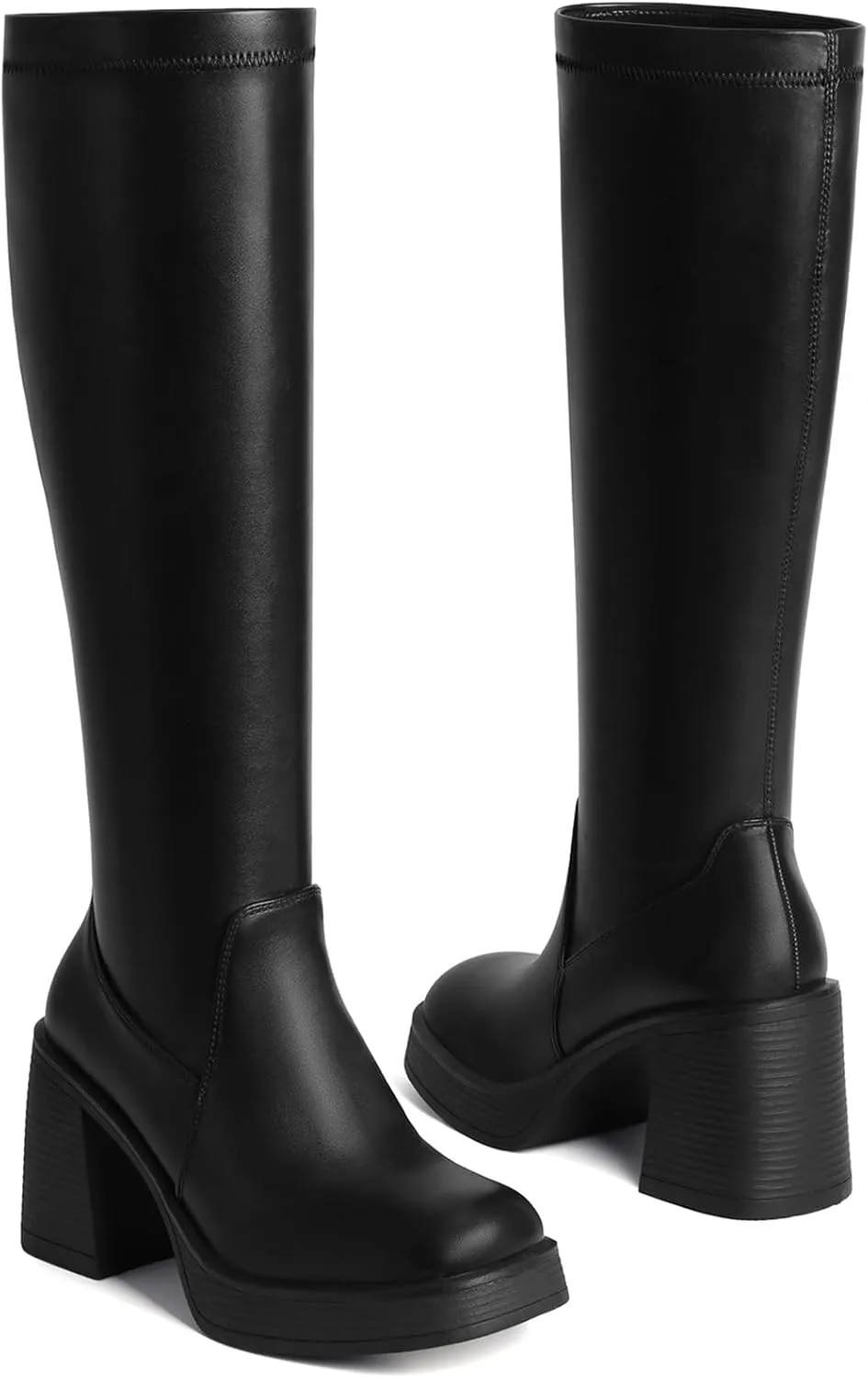 Knee High Boots for Women - Square Toe Platform Chunky Heel Tall Boots with Side Zipper, Stretchy Leather Fashion Gogo Boots for Fall Spring