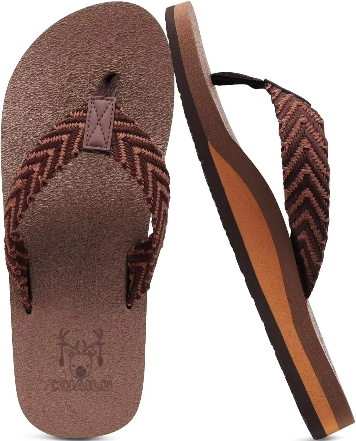 KuaiLu Men's Leather Flip Flops Arch Support Summer Beach Pool Water Thong Sandals Waterproof Rubber Walking Shoes