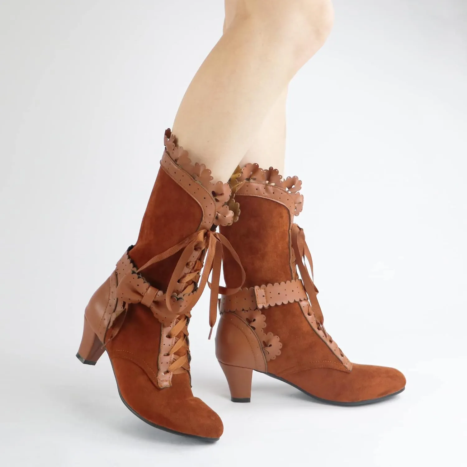 LanreyTaley Women Sweet Bow Boots Mid Heels Lace Up Victorian boots Mid Calf Kawaii Boot