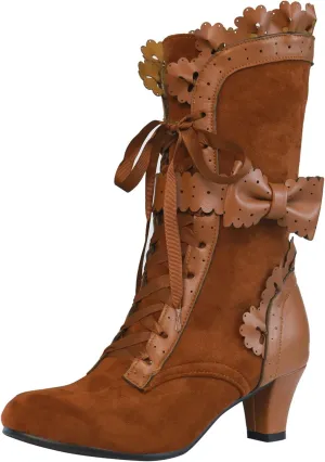 LanreyTaley Women Sweet Bow Boots Mid Heels Lace Up Victorian boots Mid Calf Kawaii Boot