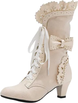 LanreyTaley Women Sweet Bow Boots Mid Heels Lace Up Victorian boots Mid Calf Kawaii Boot