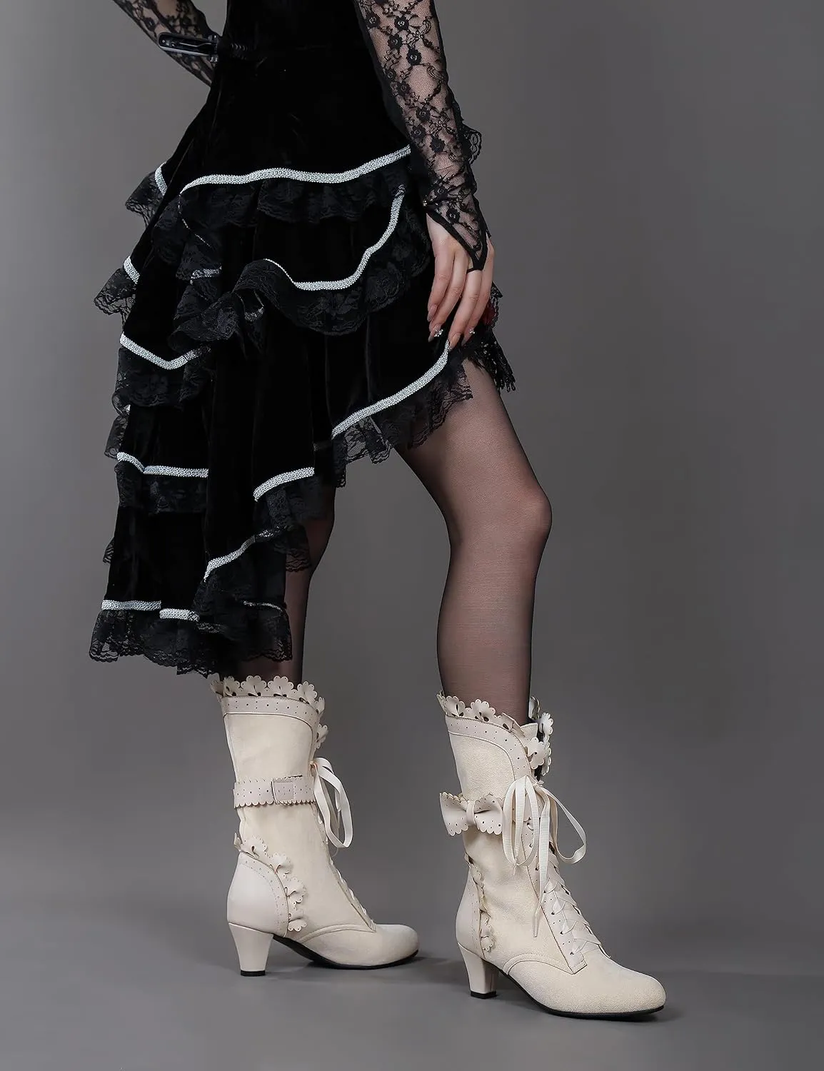 LanreyTaley Women Sweet Bow Boots Mid Heels Lace Up Victorian boots Mid Calf Kawaii Boot
