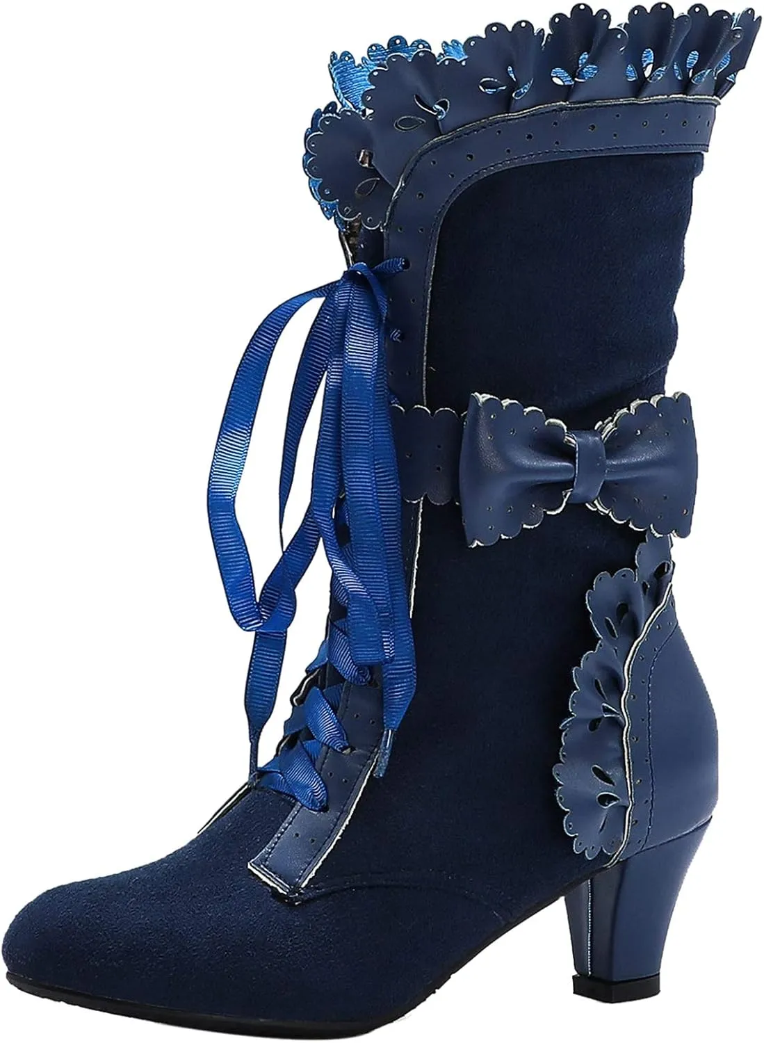 LanreyTaley Women Sweet Bow Boots Mid Heels Lace Up Victorian boots Mid Calf Kawaii Boot