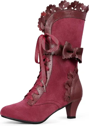 LanreyTaley Women Sweet Bow Boots Mid Heels Lace Up Victorian boots Mid Calf Kawaii Boot