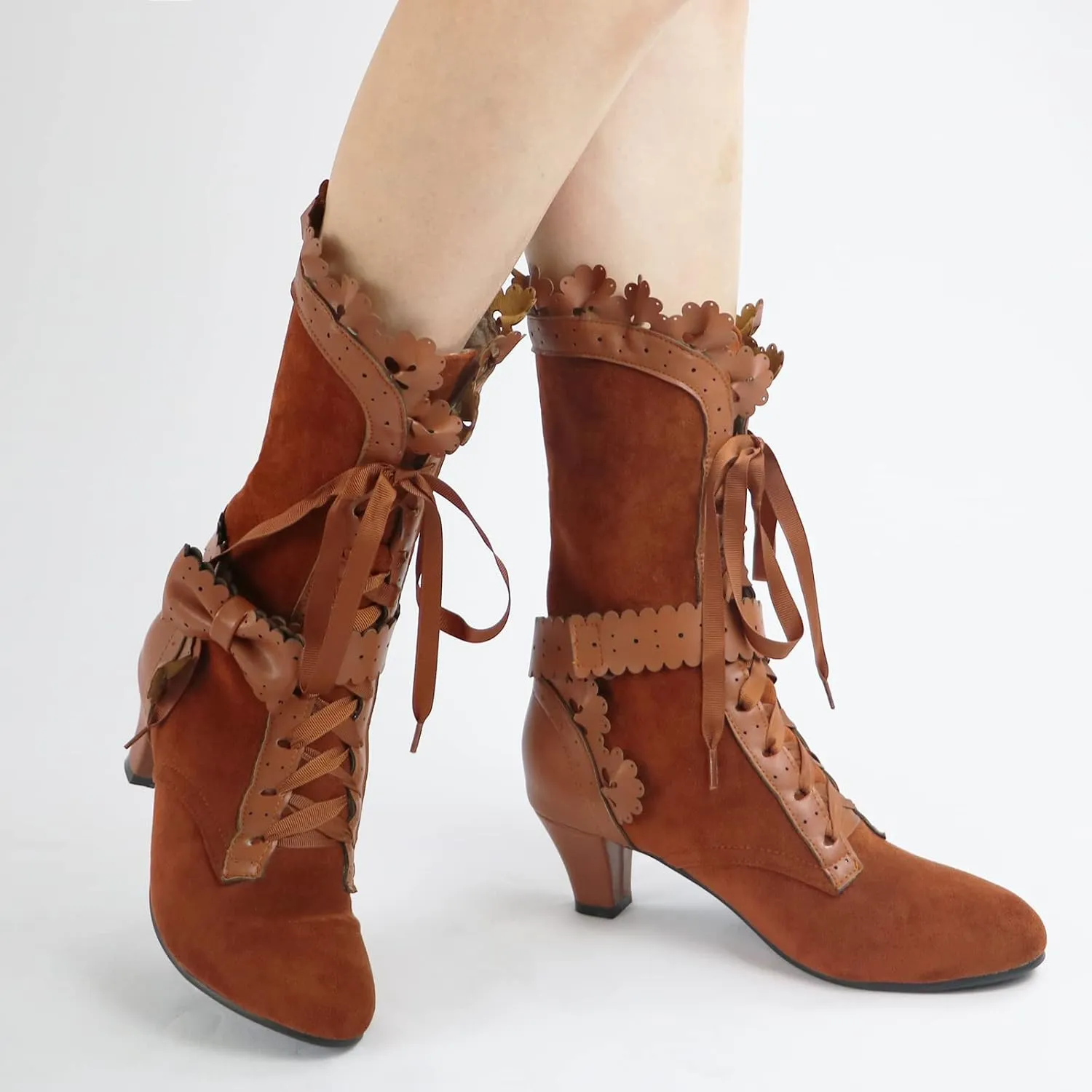 LanreyTaley Women Sweet Bow Boots Mid Heels Lace Up Victorian boots Mid Calf Kawaii Boot