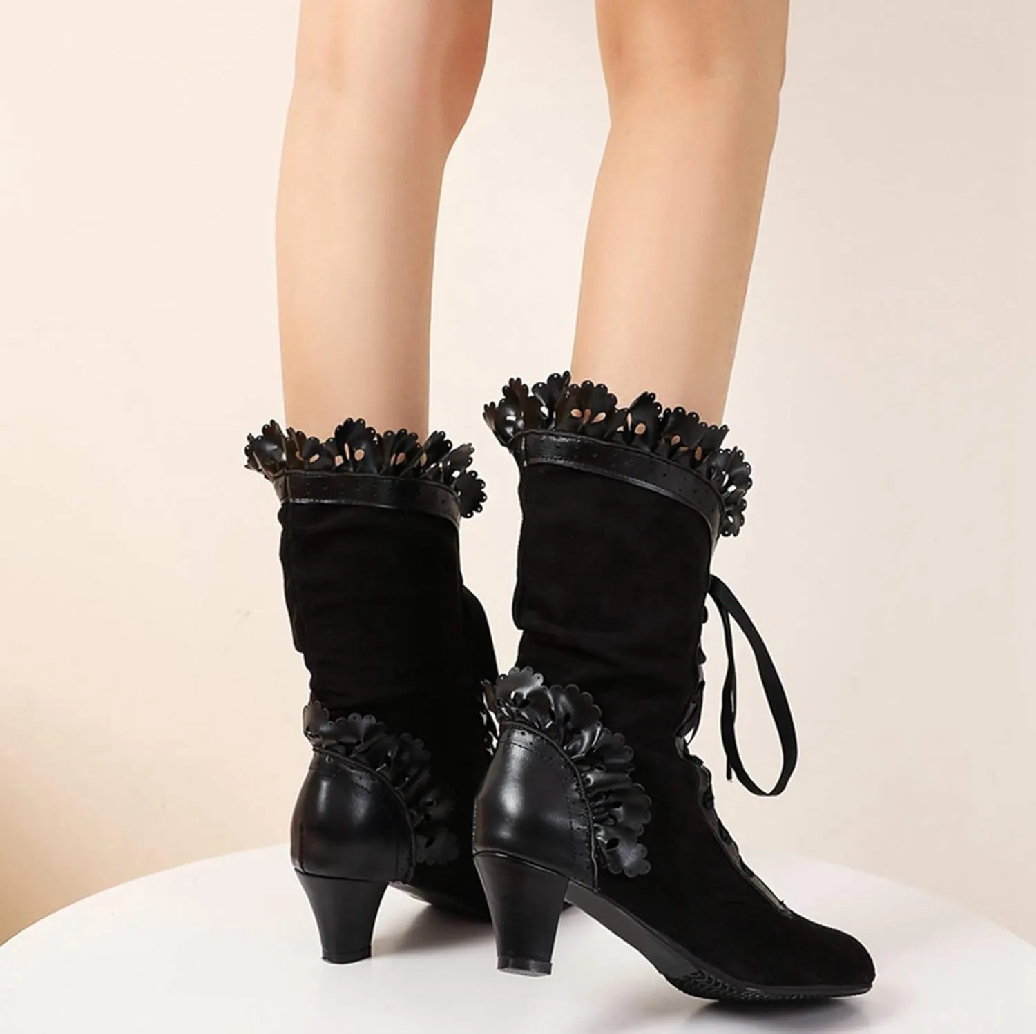 LanreyTaley Women Sweet Bow Boots Mid Heels Lace Up Victorian boots Mid Calf Kawaii Boot