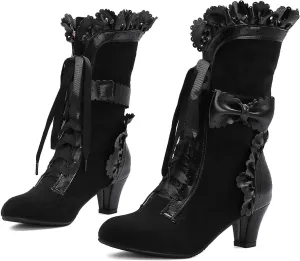 LanreyTaley Women Sweet Bow Boots Mid Heels Lace Up Victorian boots Mid Calf Kawaii Boot
