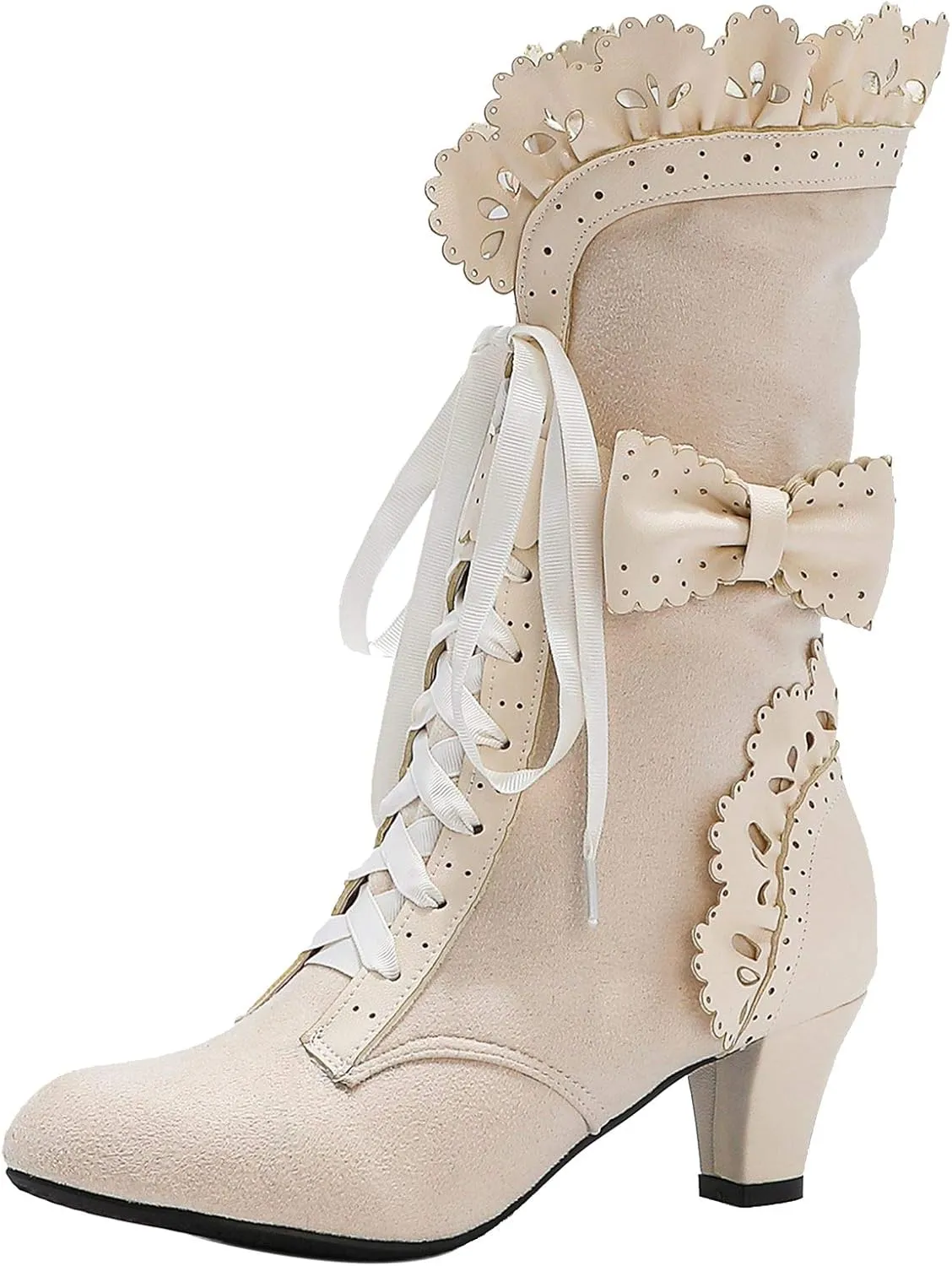 LanreyTaley Women Sweet Bow Boots Mid Heels Lace Up Victorian boots Mid Calf Kawaii Boot
