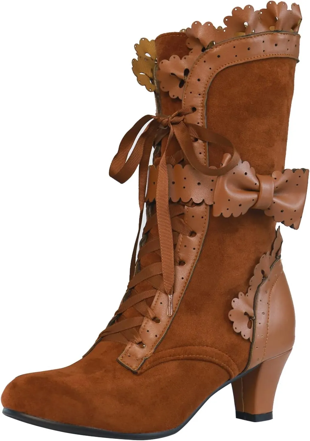 LanreyTaley Women Sweet Bow Boots Mid Heels Lace Up Victorian boots Mid Calf Kawaii Boot