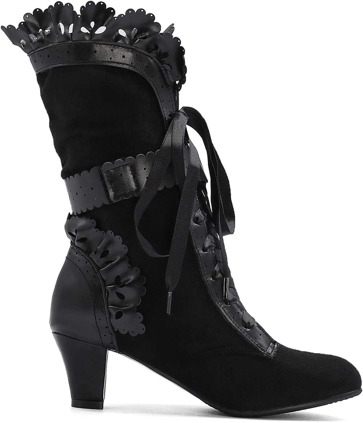 LanreyTaley Women Sweet Bow Boots Mid Heels Lace Up Victorian boots Mid Calf Kawaii Boot