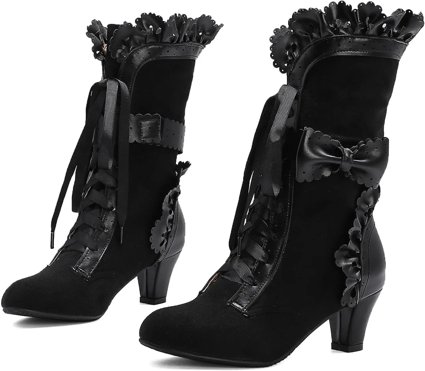 LanreyTaley Women Sweet Bow Boots Mid Heels Lace Up Victorian boots Mid Calf Kawaii Boot