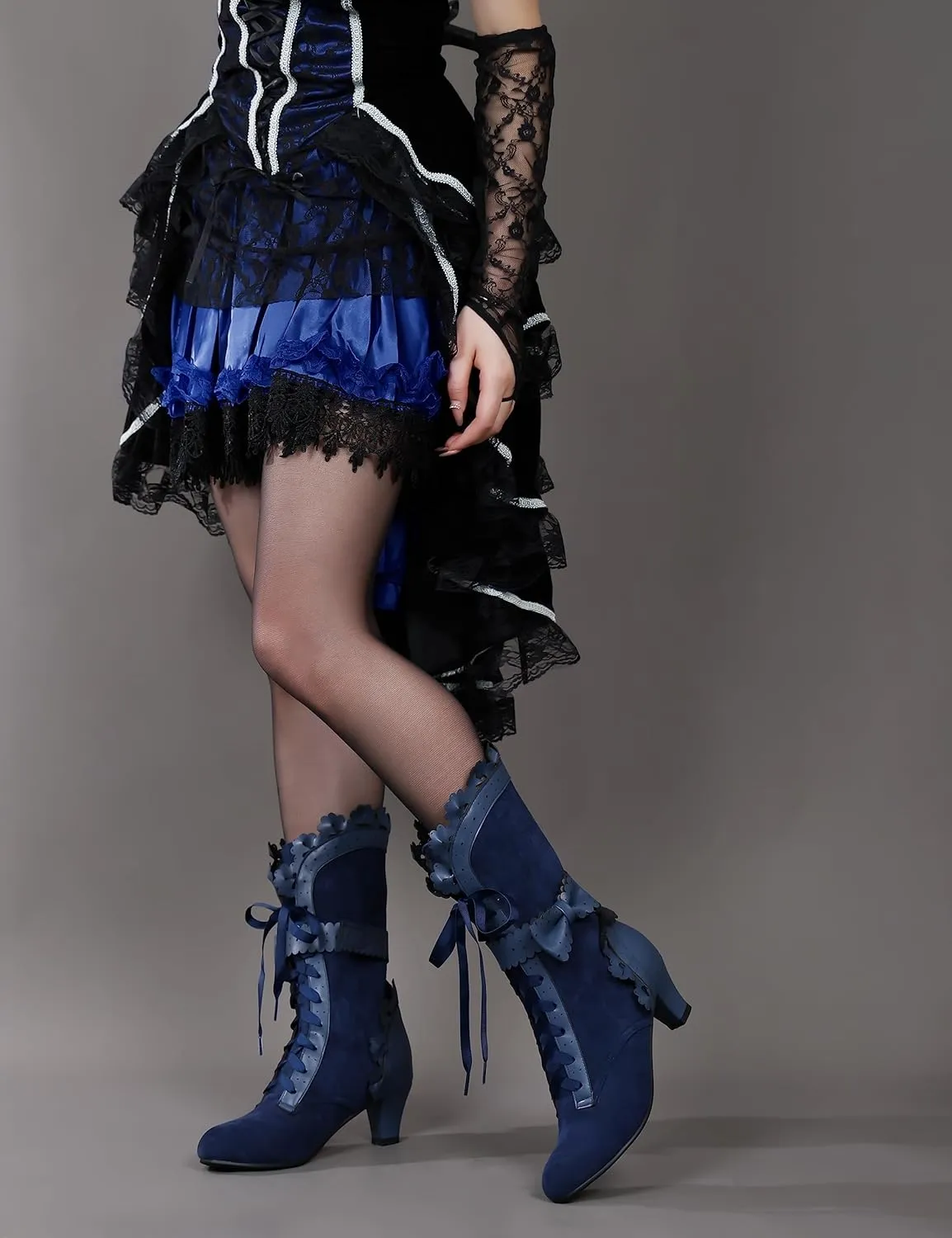 LanreyTaley Women Sweet Bow Boots Mid Heels Lace Up Victorian boots Mid Calf Kawaii Boot
