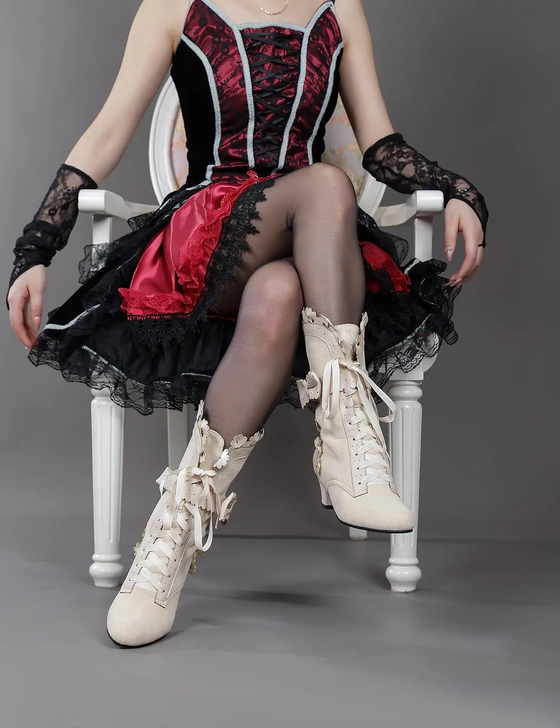LanreyTaley Women Sweet Bow Boots Mid Heels Lace Up Victorian boots Mid Calf Kawaii Boot