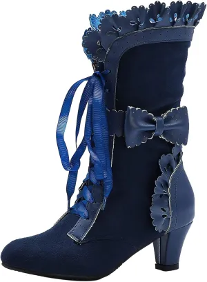 LanreyTaley Women Sweet Bow Boots Mid Heels Lace Up Victorian boots Mid Calf Kawaii Boot