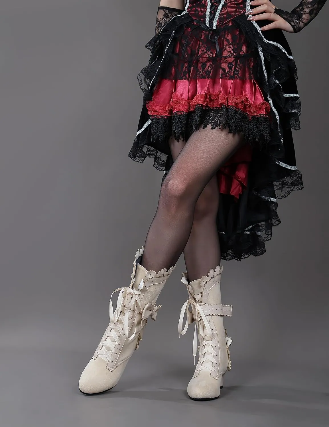 LanreyTaley Women Sweet Bow Boots Mid Heels Lace Up Victorian boots Mid Calf Kawaii Boot