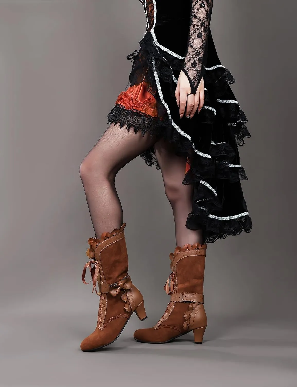 LanreyTaley Women Sweet Bow Boots Mid Heels Lace Up Victorian boots Mid Calf Kawaii Boot