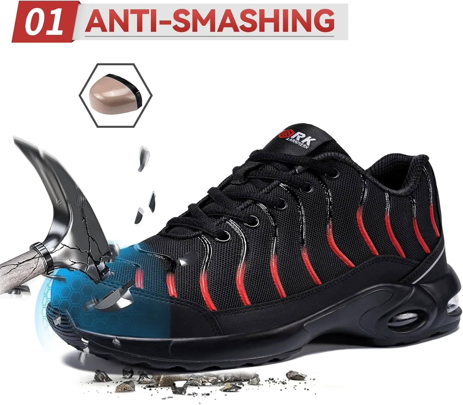 LARNMERN Air Cushion Steel Toe Shoes for Men Wide Women Lightweight Puncture Proof Work Safety Sneakers Breathable Slip Resistant Tennis Shoe