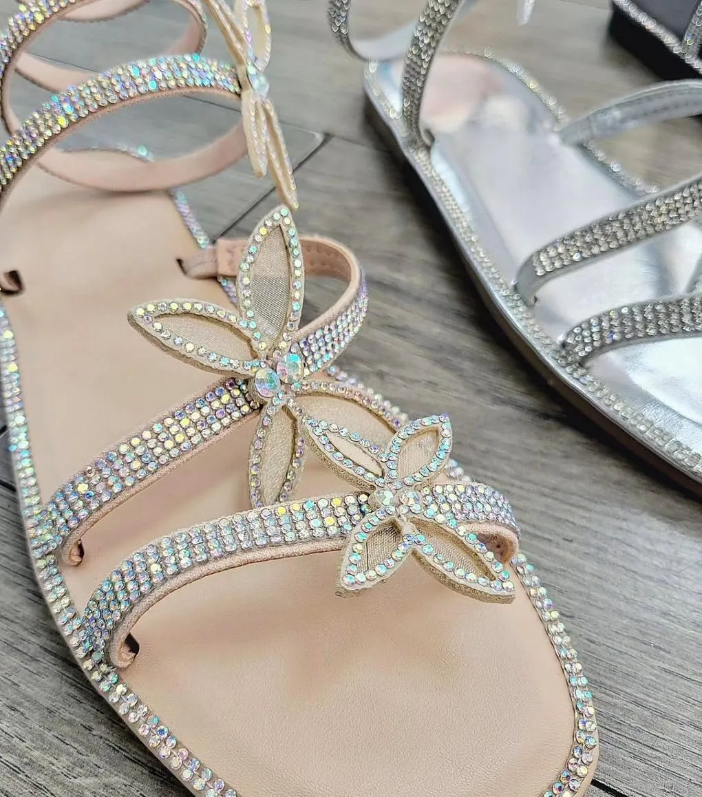 Liliana Women Butterfly Rhinestone Wrap-around Flat Sandals Flat Butterfly Sandals, 6 Narrow