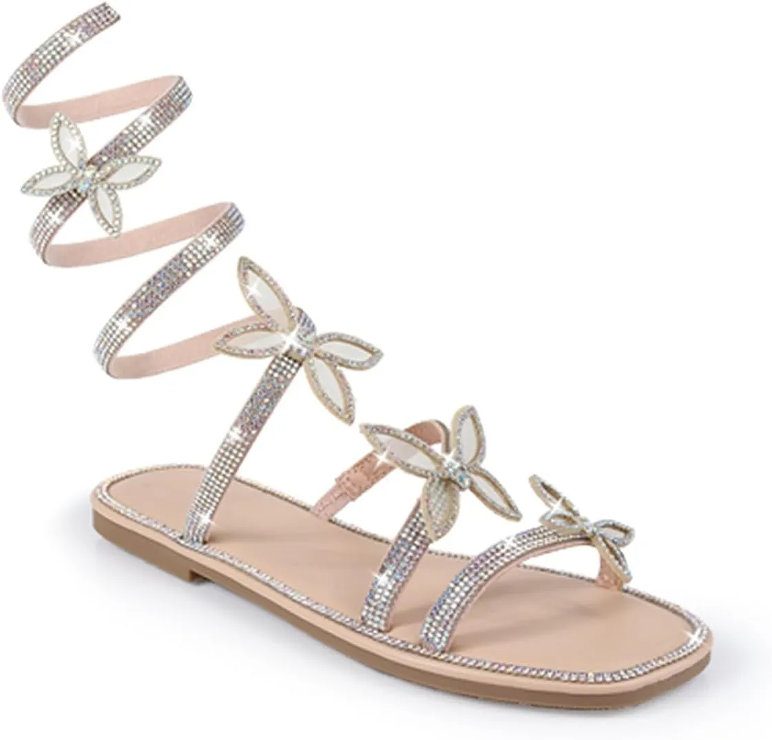 Liliana Women Butterfly Rhinestone Wrap-around Flat Sandals Flat Butterfly Sandals, 6 Narrow