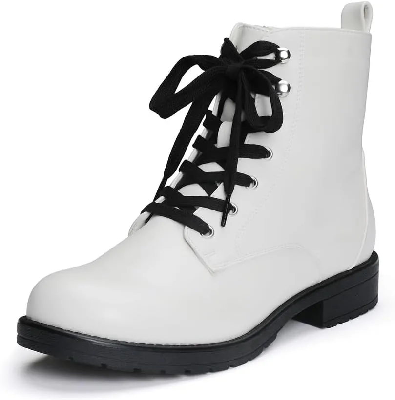 LISYIIZ Ankle Combat boots for Women Flat Lace up Booties with Zip Round Toe Soft Insole Warm Breathble Lining for Girls Ladies Fall Winter