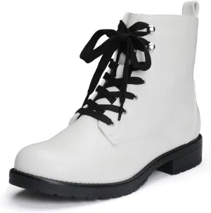LISYIIZ Ankle Combat boots for Women Flat Lace up Booties with Zip Round Toe Soft Insole Warm Breathble Lining for Girls Ladies Fall Winter