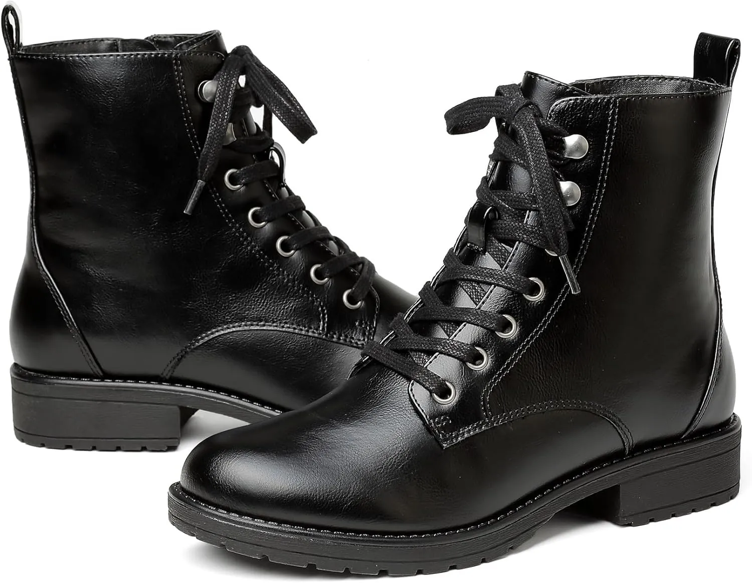 LISYIIZ Ankle Combat boots for Women Flat Lace up Booties with Zip Round Toe Soft Insole Warm Breathble Lining for Girls Ladies Fall Winter
