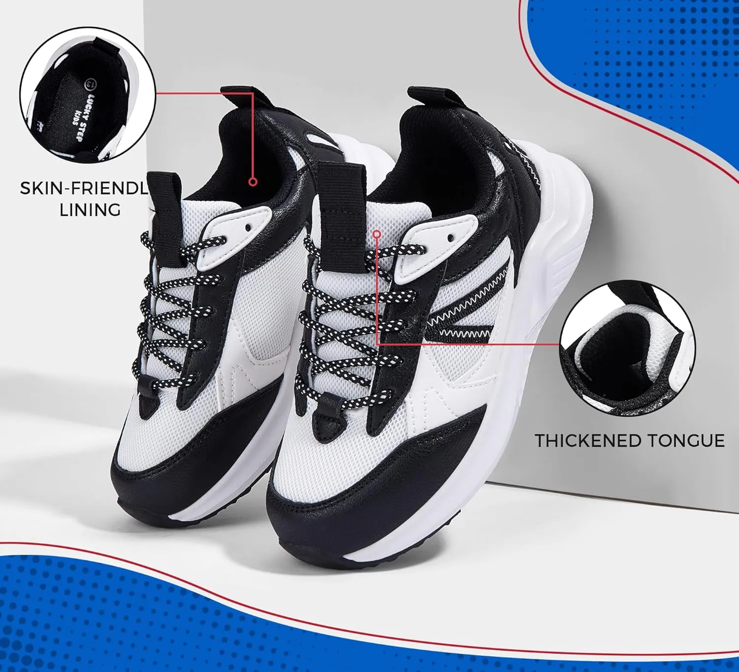 LUCKY STEP Kids Fashion Sneakers for Boys Girls Tennis Casual Athletic Running Shoes Breathable Lace-up Cushioned Trainers Walking Footwear Toddler