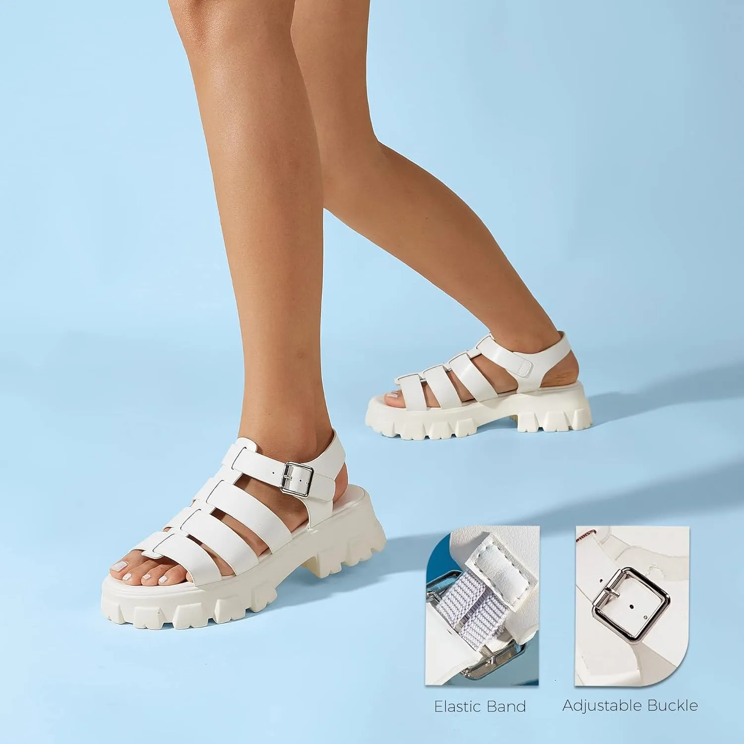 LUCKY STEP Women 's Platform Wedge Sandals Open Toe Adjustable Ankle Strap Chunky Heel