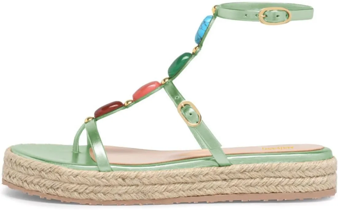 Maiyang Women Charming Jewelled T-Strap Espadrille Platform Sandals Open Toe Buckled Summer Beach Daily Casual Shoes Size 4-16 US
